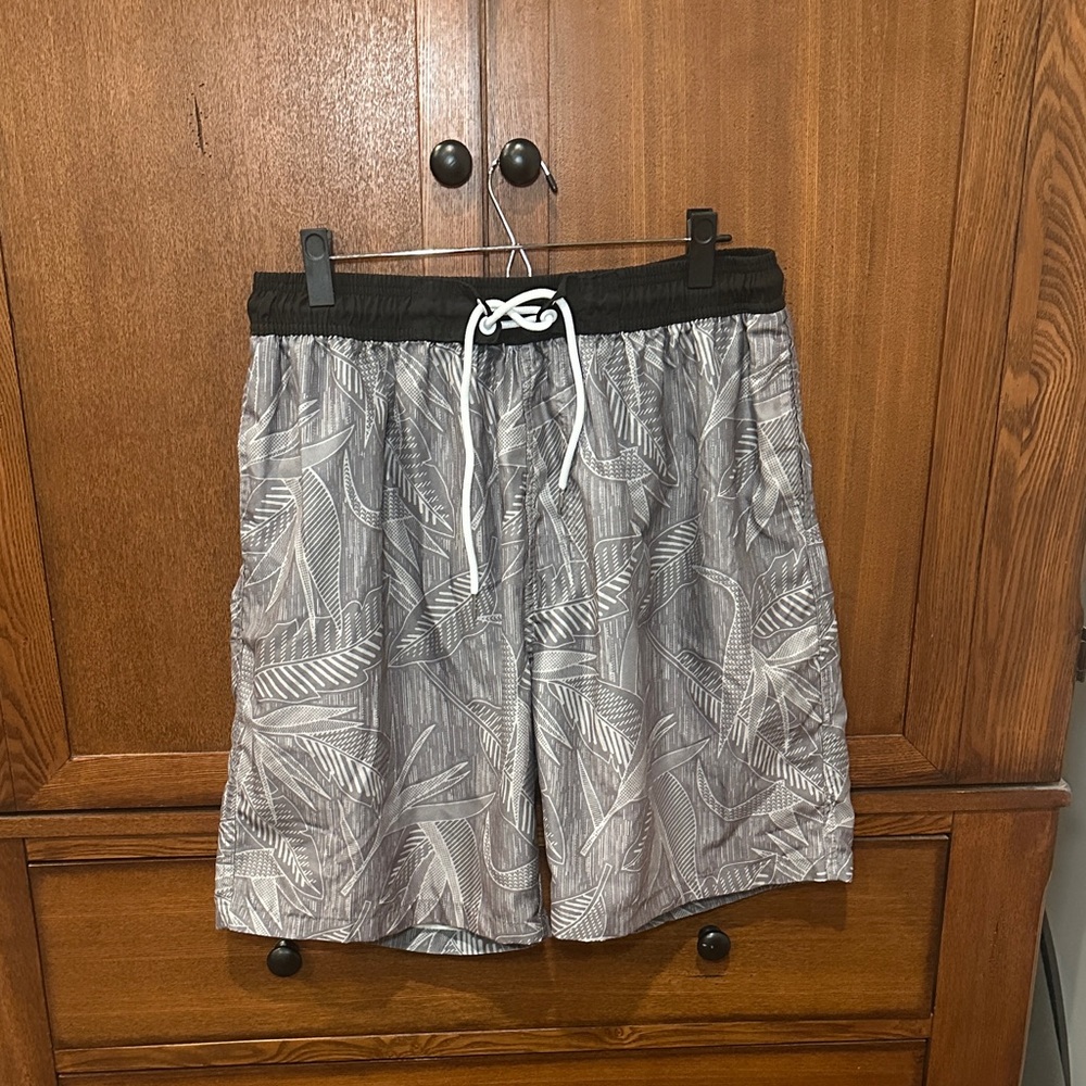 Stylish Black and Gray Leaf Print Board Shorts